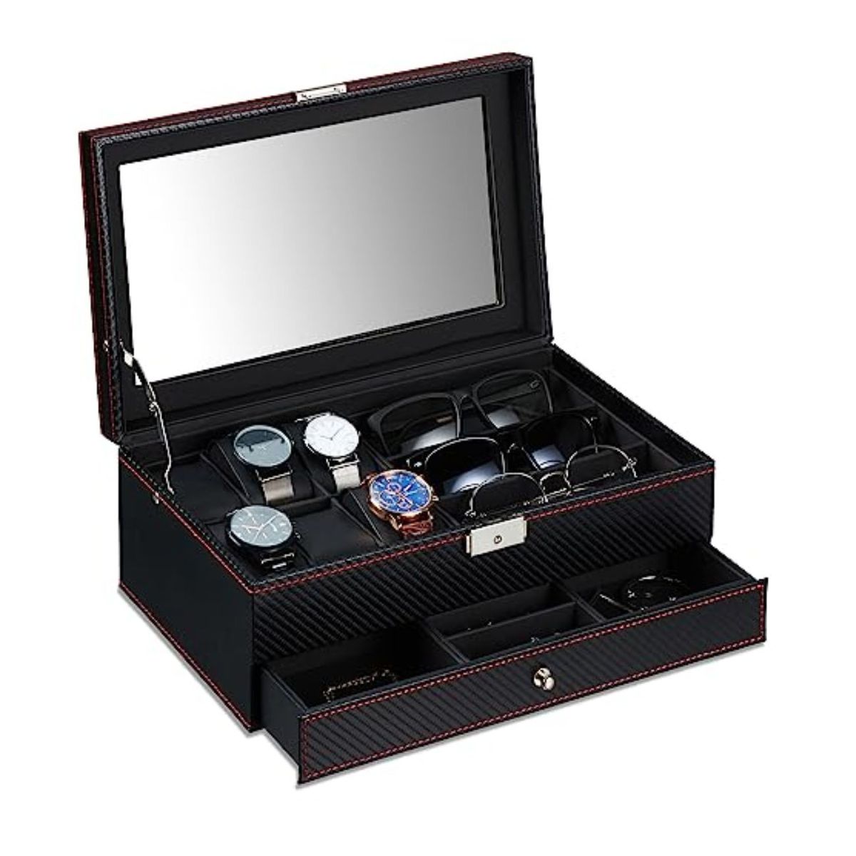 GENERICO - Porta relojes fibra de carbono para 12 relojes mas joyero