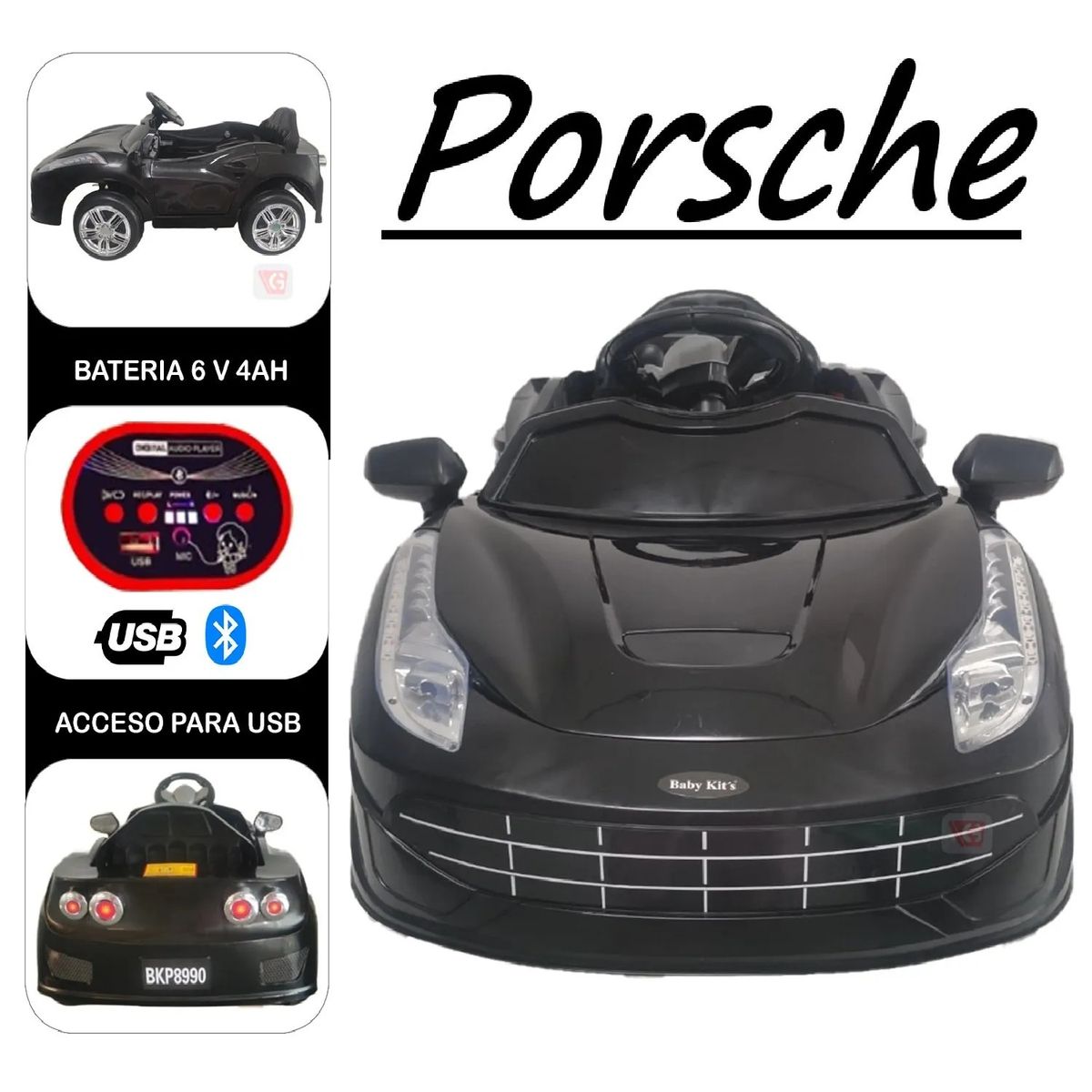 BABY KITS - Carrito Batería USB Bluetooth Control Remoto PORSCHE -Negro