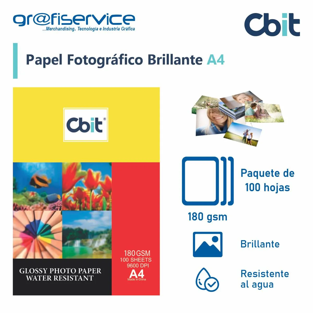 GENERICO - Papel Fotográfico Cbit A4 Brillante 180G 100 Hojas