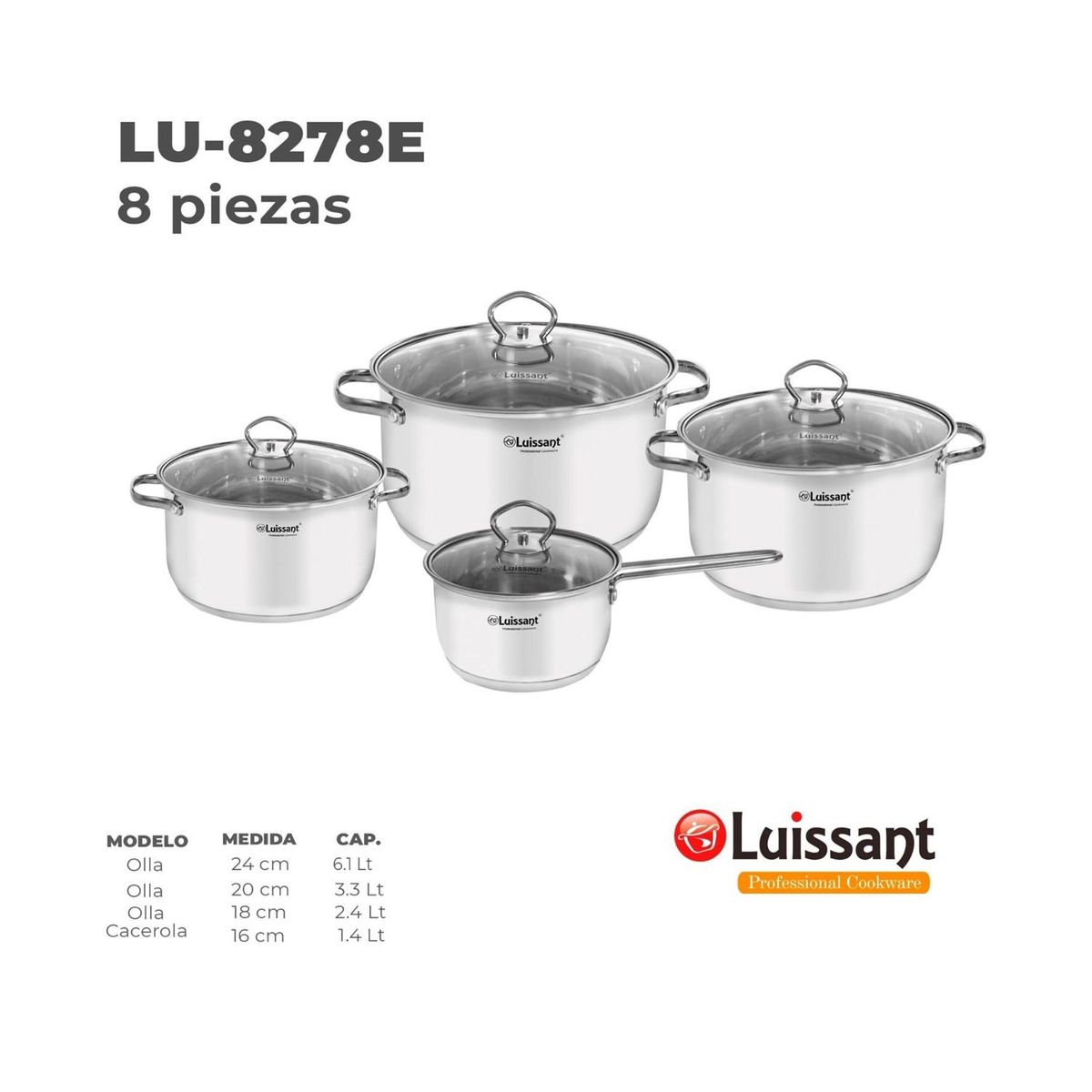 LUISSANT - Set de ollas LUISSANT LU-8278E de acero 08 Piezas