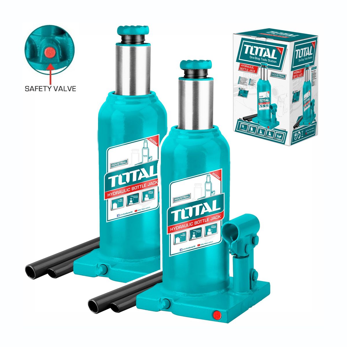 TOTAL TOOLS - COMBO 2 GATAS HIDRÚLICAS TIPO BOTELLA 2T VALVULA TOTAL - THT109022 X 2