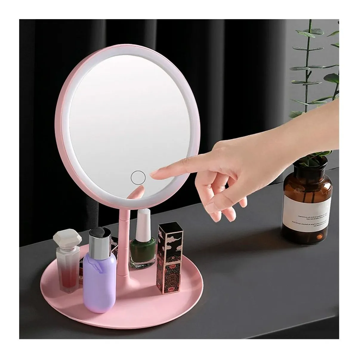 GENERICO - Espejo Cosmetico Maquillaje LUZ LED Redondo Encendido táctil - Rosado