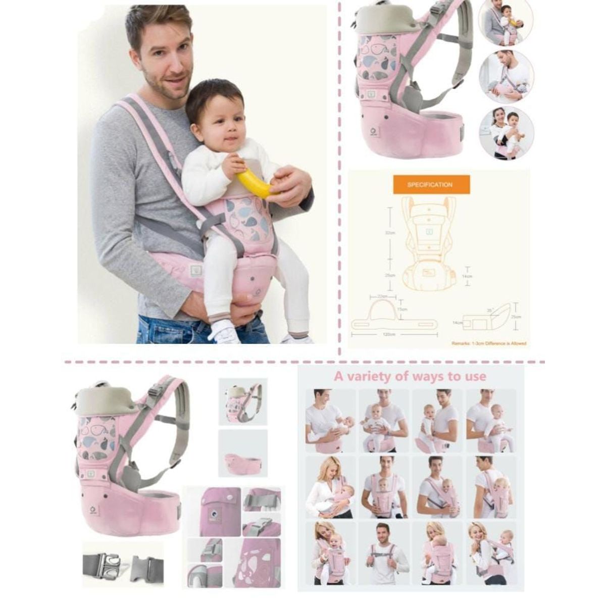 GENERICO - CANGURO PARA BEBE MULTIUSOS 5 FORMAS PINK PRINCES