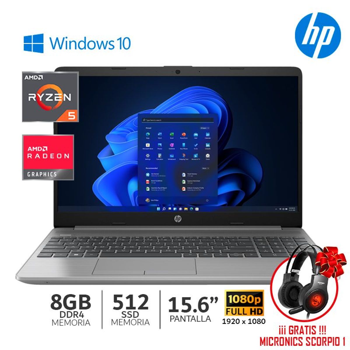 HP - Laptop HP 255 G9 AMD Ryzen 5 5625U de 15.6"  8GB RAM DDR4 - 512GB SSD - WINDOWA - 74L45LT+AUDIFONOS