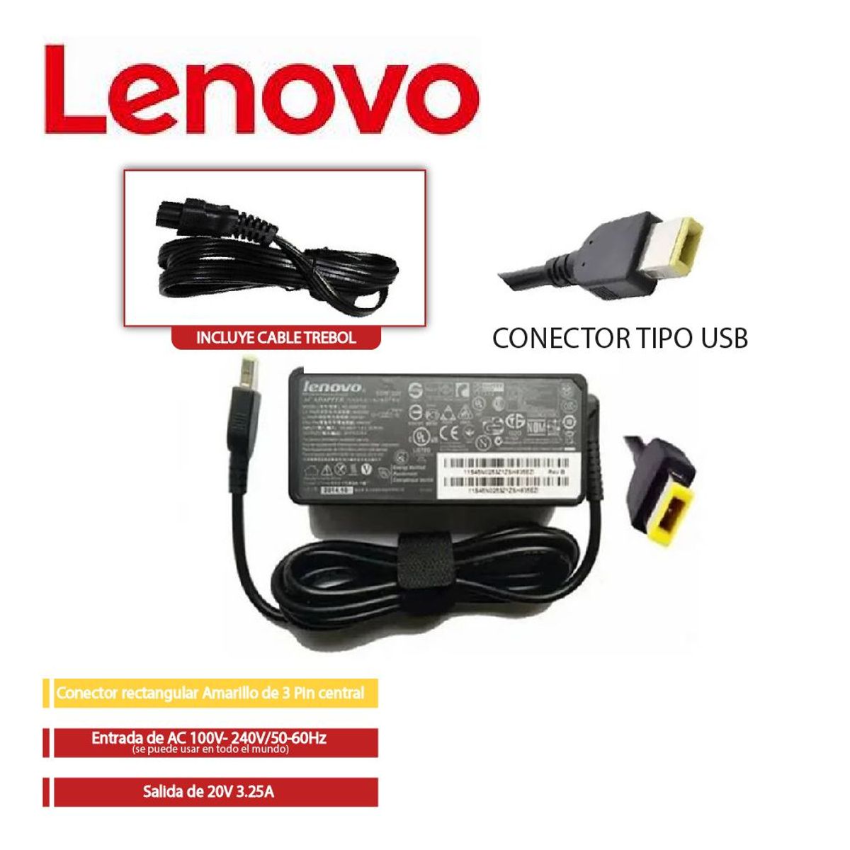 GENERICO - Cargador Lenovo Punta Amarilla Cuadrada Tipo USB 20v 3.25A 65 w
