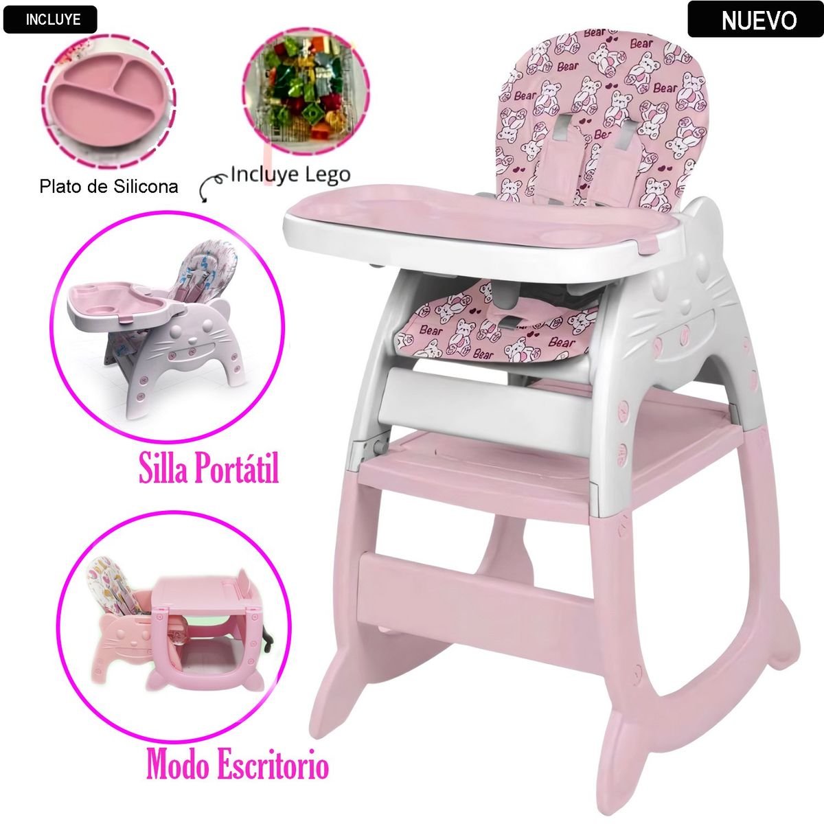 HI BABY - Silla Carpeta Hi Baby Gato 3 en 1 Rosado con Plato y Lego