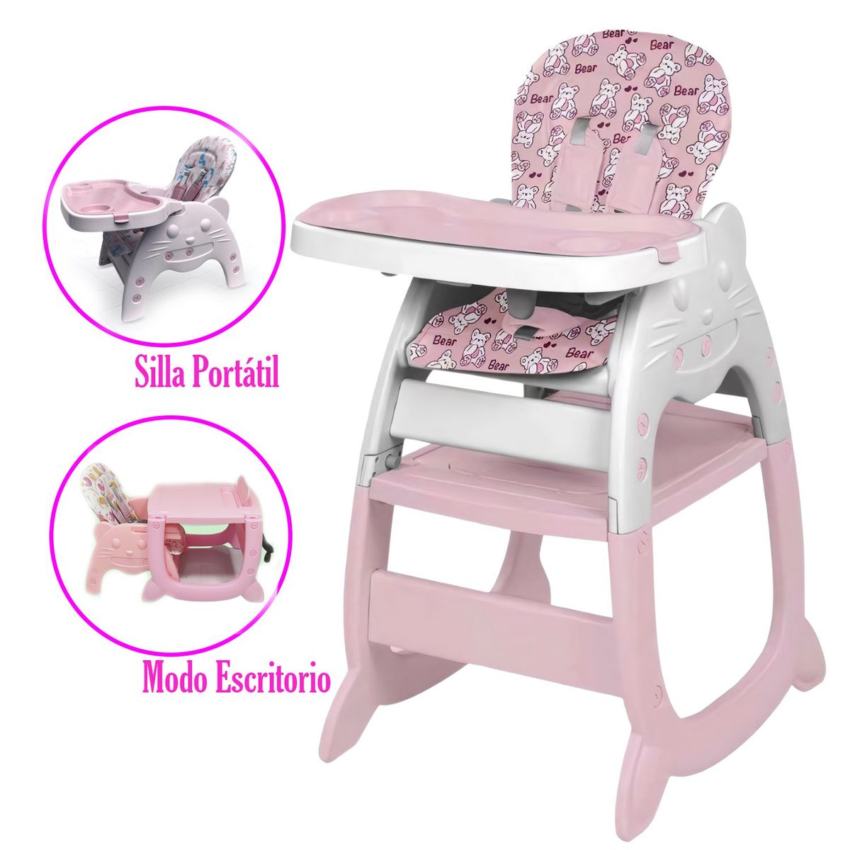 HI BABY - Silla Carpeta Hi Baby Gato 3 en 1 Rosado con Plato y Lego