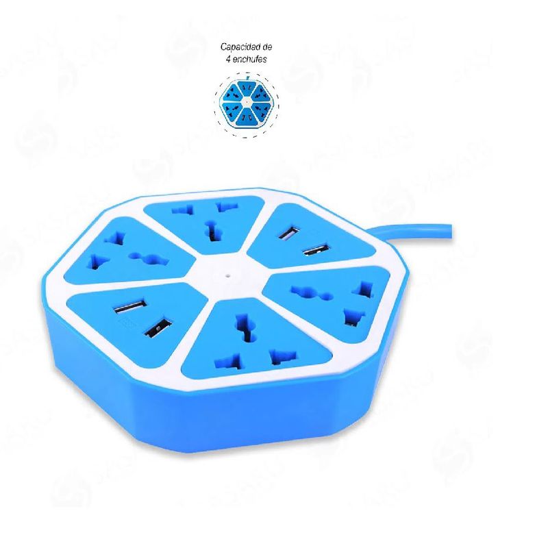 ITELSISTEM - Enchufe tomacorriente Extension multiple 4 Puertos Usb Hexagonal Azul