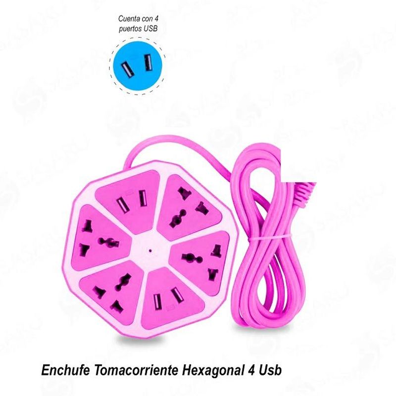 ITELSISTEM - Enchufe tomacorriente Extension multiple 4 Puertos Usb Hexagonal Purp