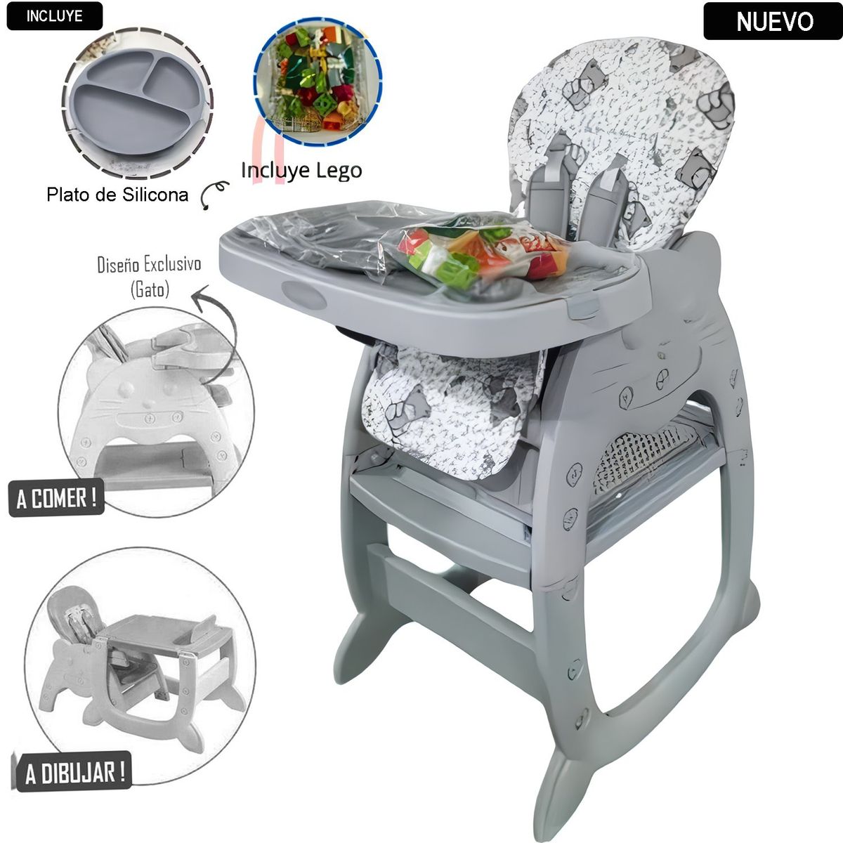 HI BABY - Silla Carpeta Hi Baby Gato 3 en 1 Gris con Plato y Lego