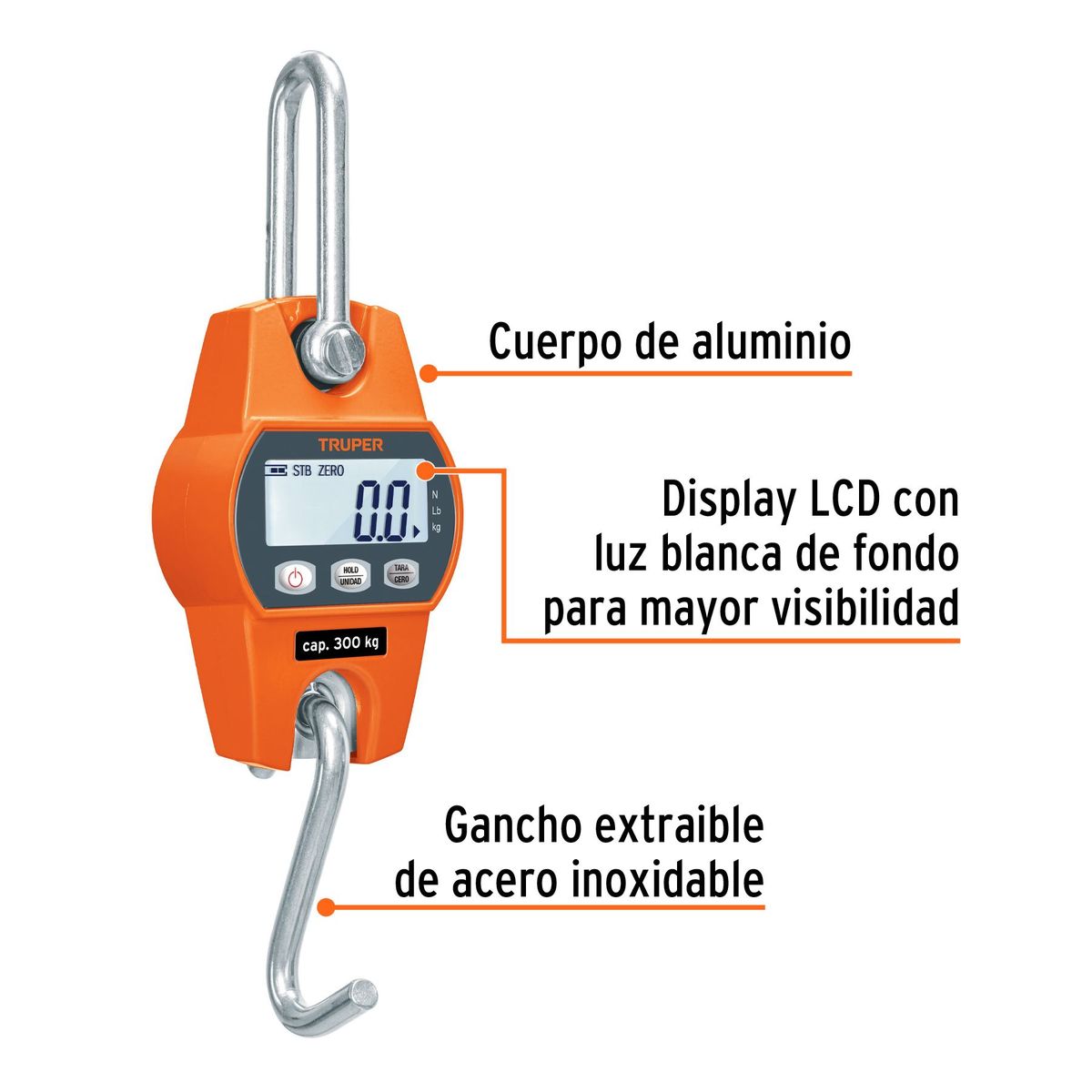 TRUPER - Balanza, Báscula capacidad 300 kg electrónica colgante, Truper