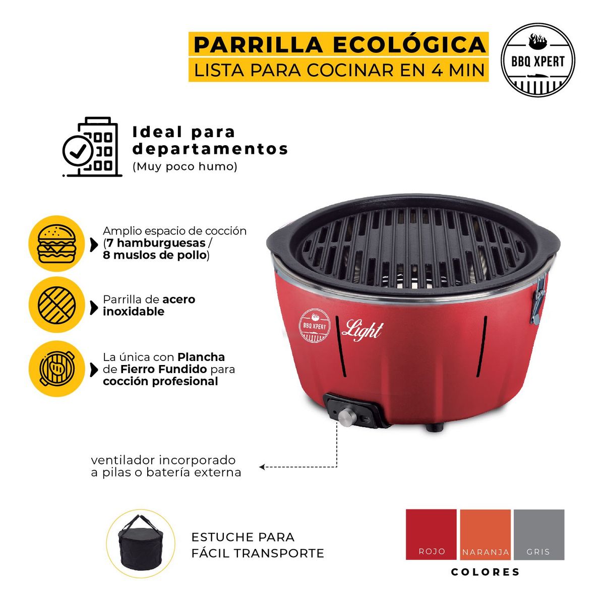 BBQ XPERT - Parrilla a Carbón Portátil Light Roja - Encendido en 4 minutos