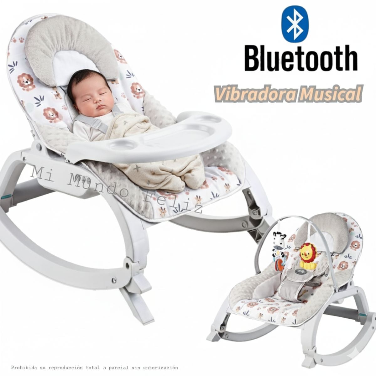 BEBE - Mecedora para Bebe Musical Vibraciones Relajantes Zoo Beige