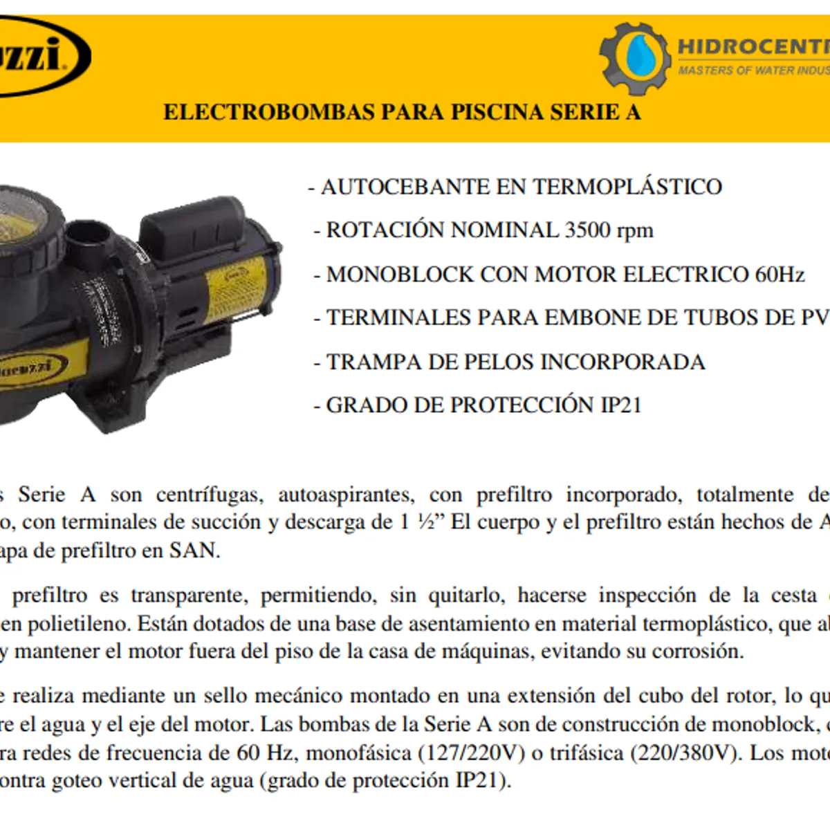 JACUZZI - Electrobomba para piscina de 0.75 HP marca Jacuzzi
