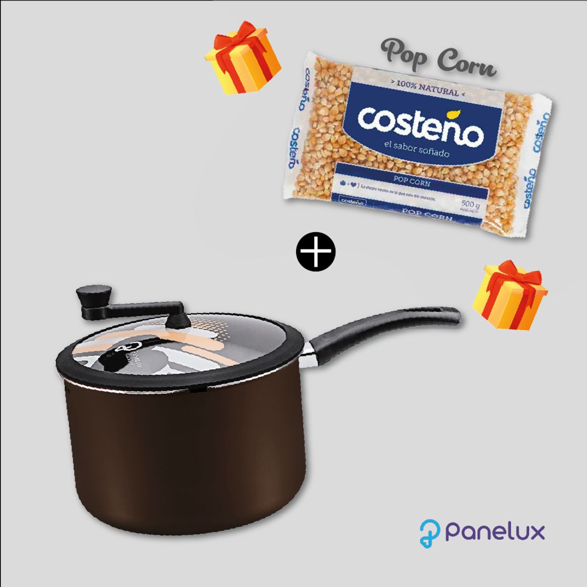 PANELUX - Olla para Hacer Popcorn 22 cm Color Marrón Línea Premium + Regalo