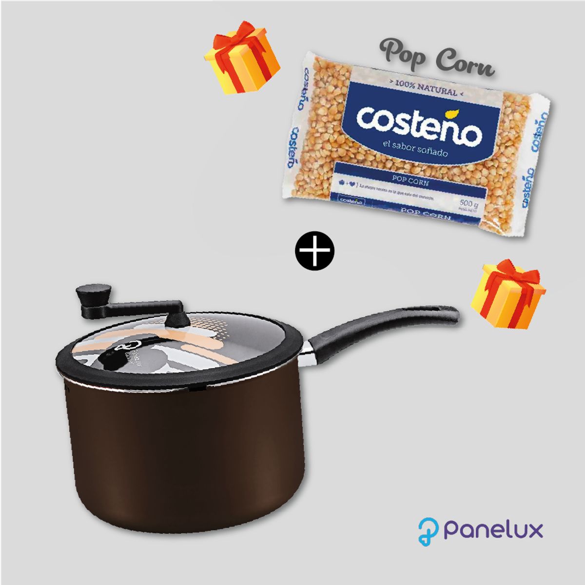 PANELUX - Olla para Hacer Popcorn 22 cm Color Marrón Línea Premium + Regalo