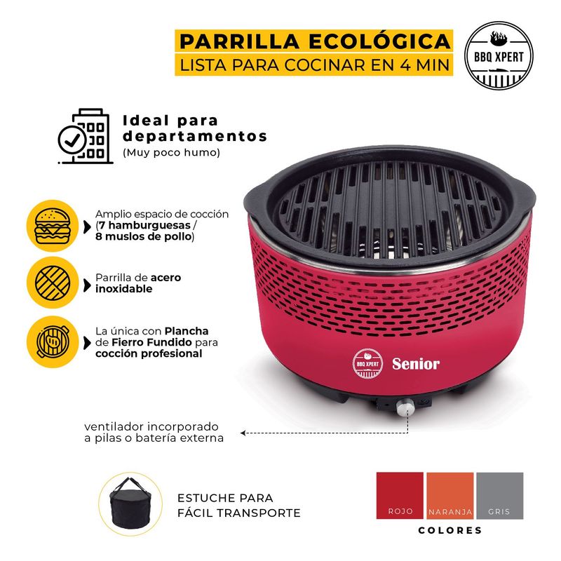 BBQ XPERT - Parrilla a Carbón Portátil Senior Roja - Encendido en 4 minutos