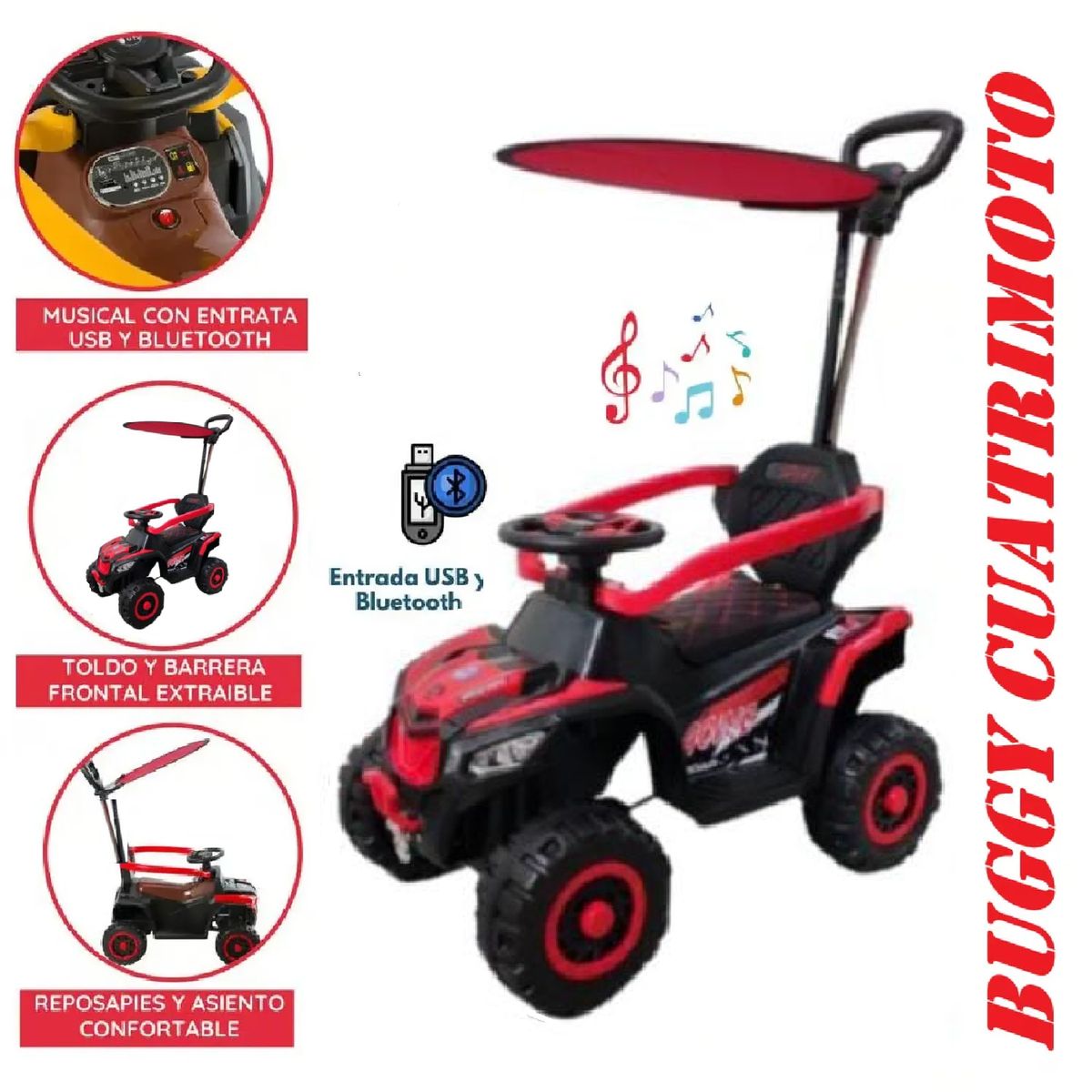 GENERICO - Bugui Cuatrimoto Tractor Bluetooh Musical con Luces -rojo