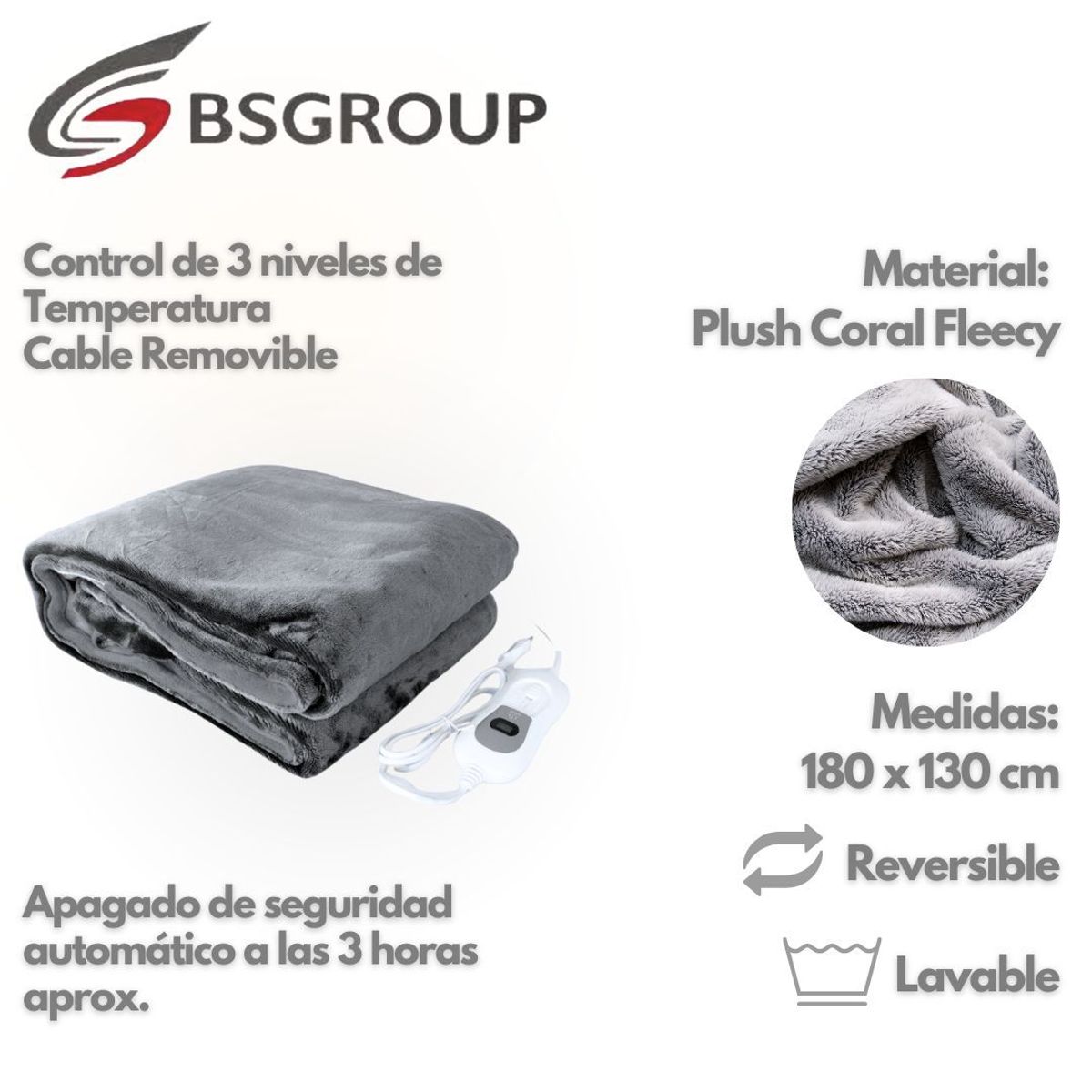 GENERICO - Frazada Eléctrica Segura Temperatura Regulable Lavable BS Group Gris