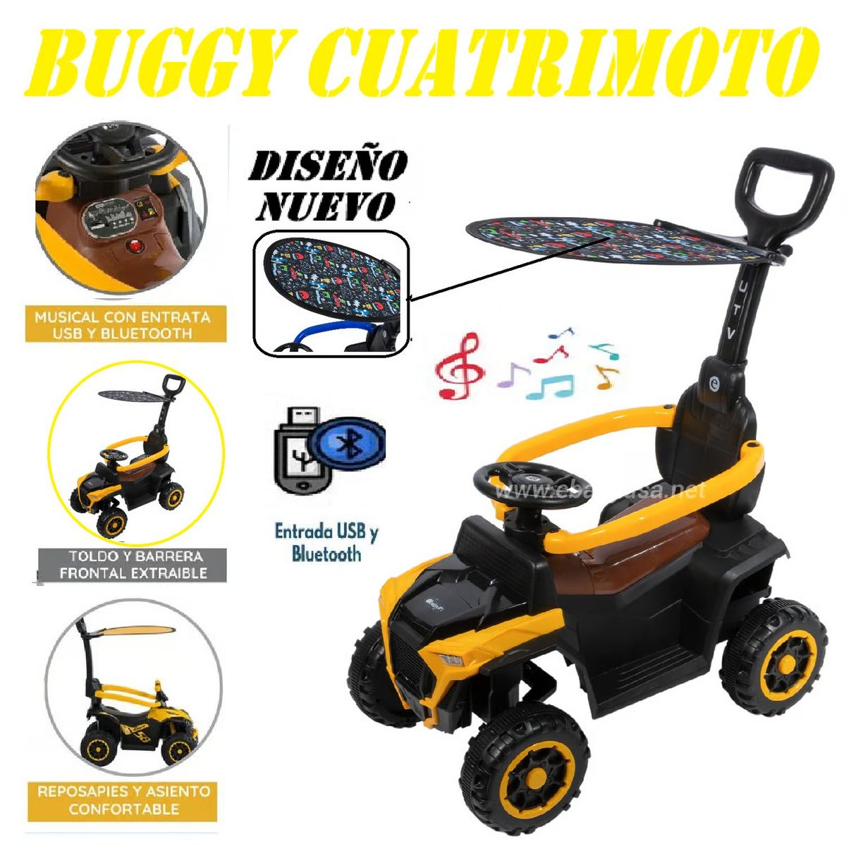 GENERICO - Correpasillo Con Empujador Bugui  UTV con USB -Amarillo