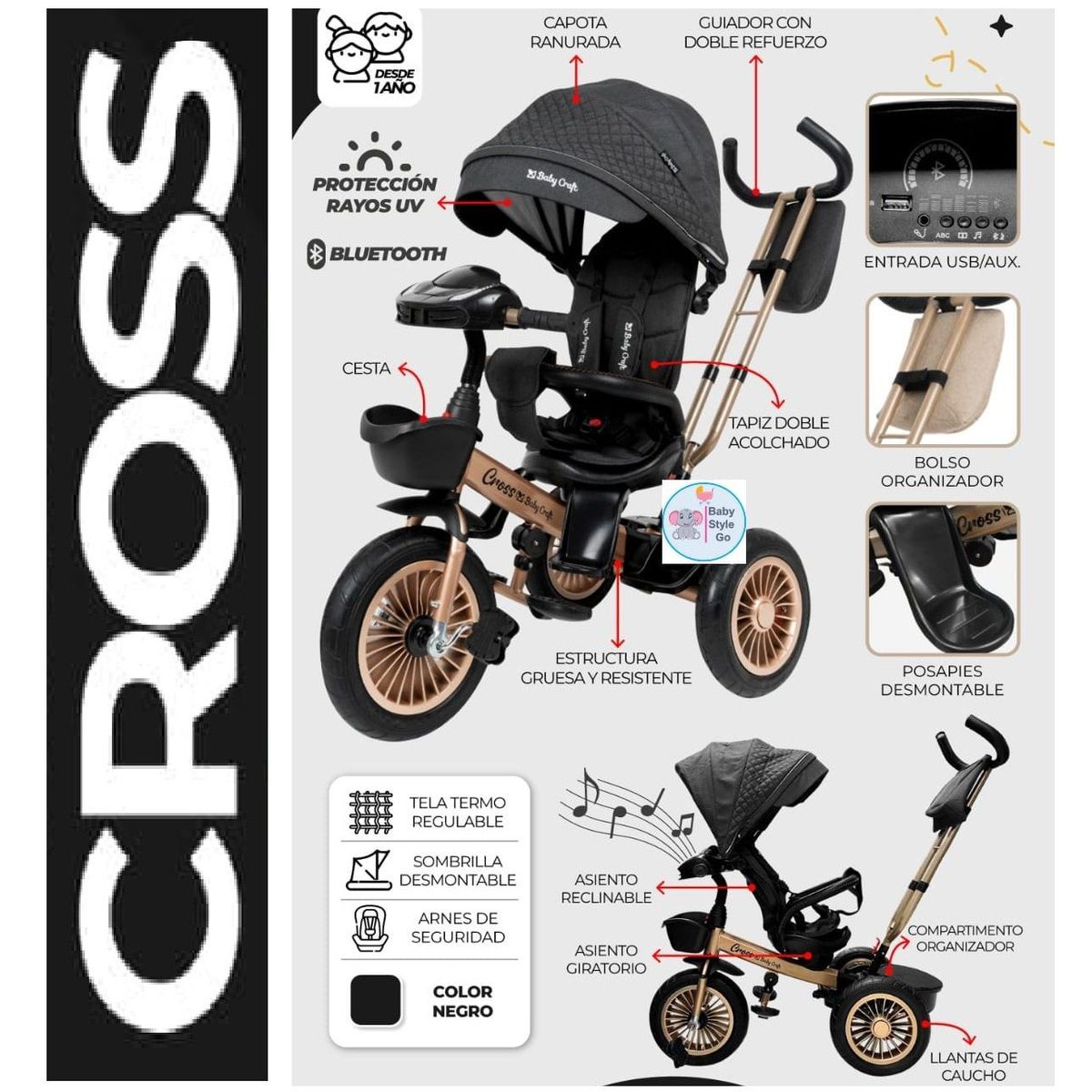 BABY - Triciclo Guiador Asiento Giratorio sonido Negro