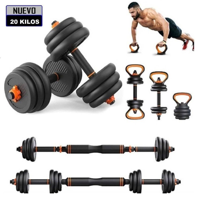 GENERICO - Pesas 20kg set convertible a barra y pesa rusa