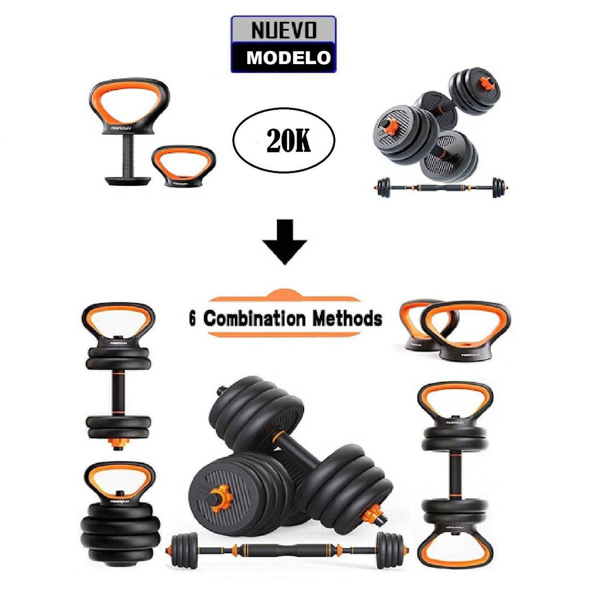 GENERICO - Pesas 20kg set convertible a barra y pesa rusa