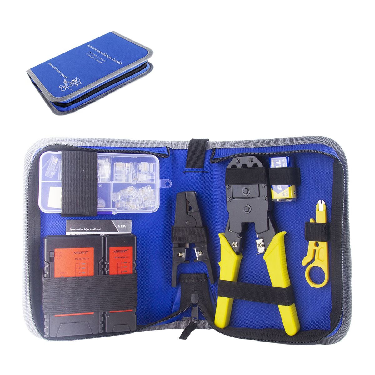 JPSYSTEMS - Kit para redes LAN Crimpeador + Testeador red + Batería + Pelacable + 15 Rj45 RJ11 NF-1206