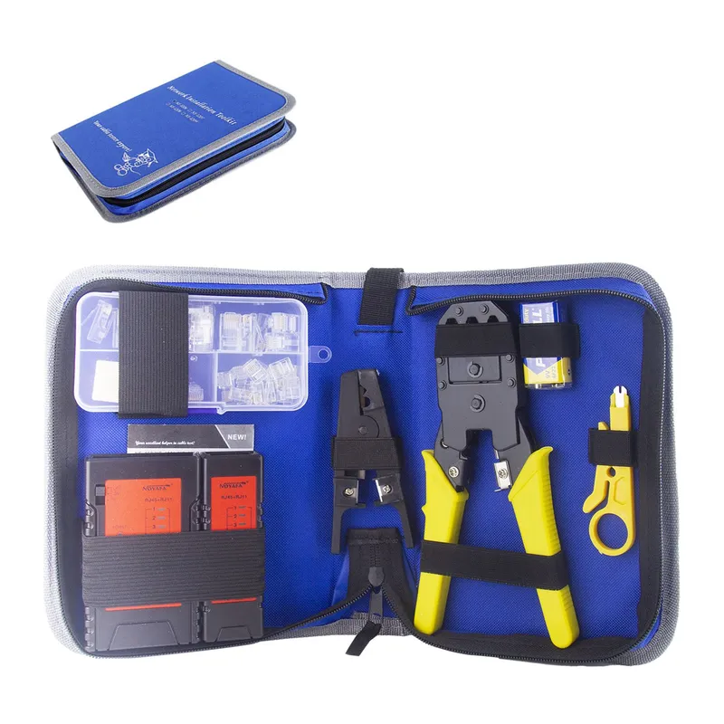 JPSYSTEMS - Kit para redes LAN Crimpeador + Testeador red + Batería + Pelacable + 15 Rj45 RJ11 NF-1206