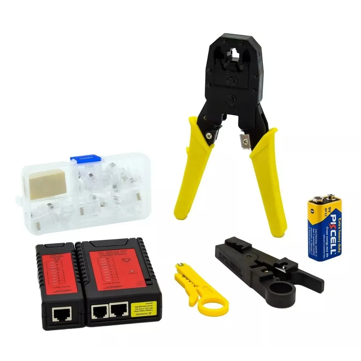 JPSYSTEMS - Kit para redes LAN Crimpeador + Testeador red + Batería + Pelacable + 15 Rj45 RJ11 NF-1206