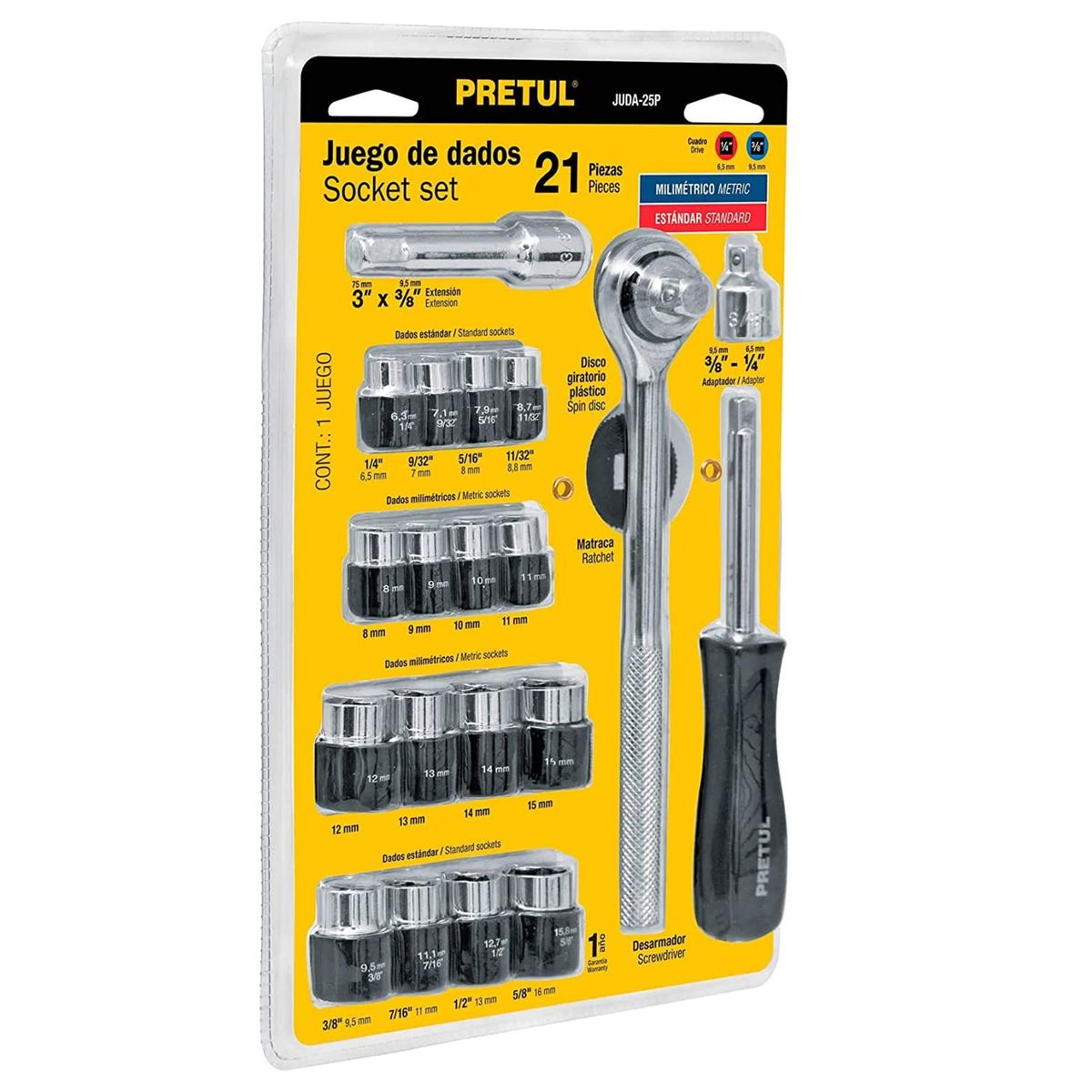 PRETUL - Juego de 21 herramientas 1/4" y 3/8" para mecánico, Pretul