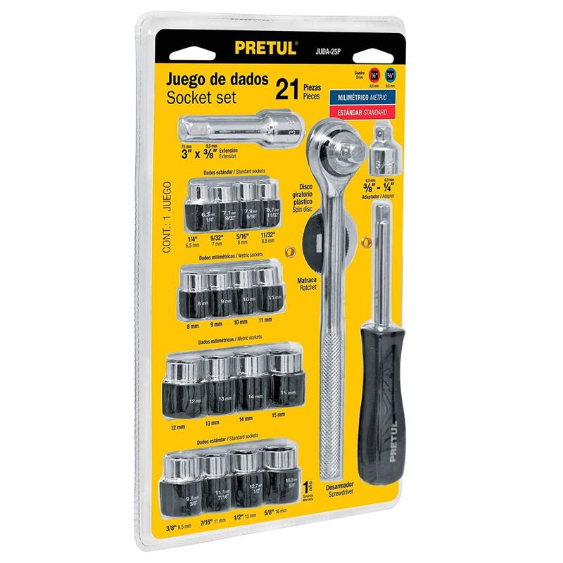 PRETUL - Juego de 21 herramientas 1/4" y 3/8" para mecánico, Pretul