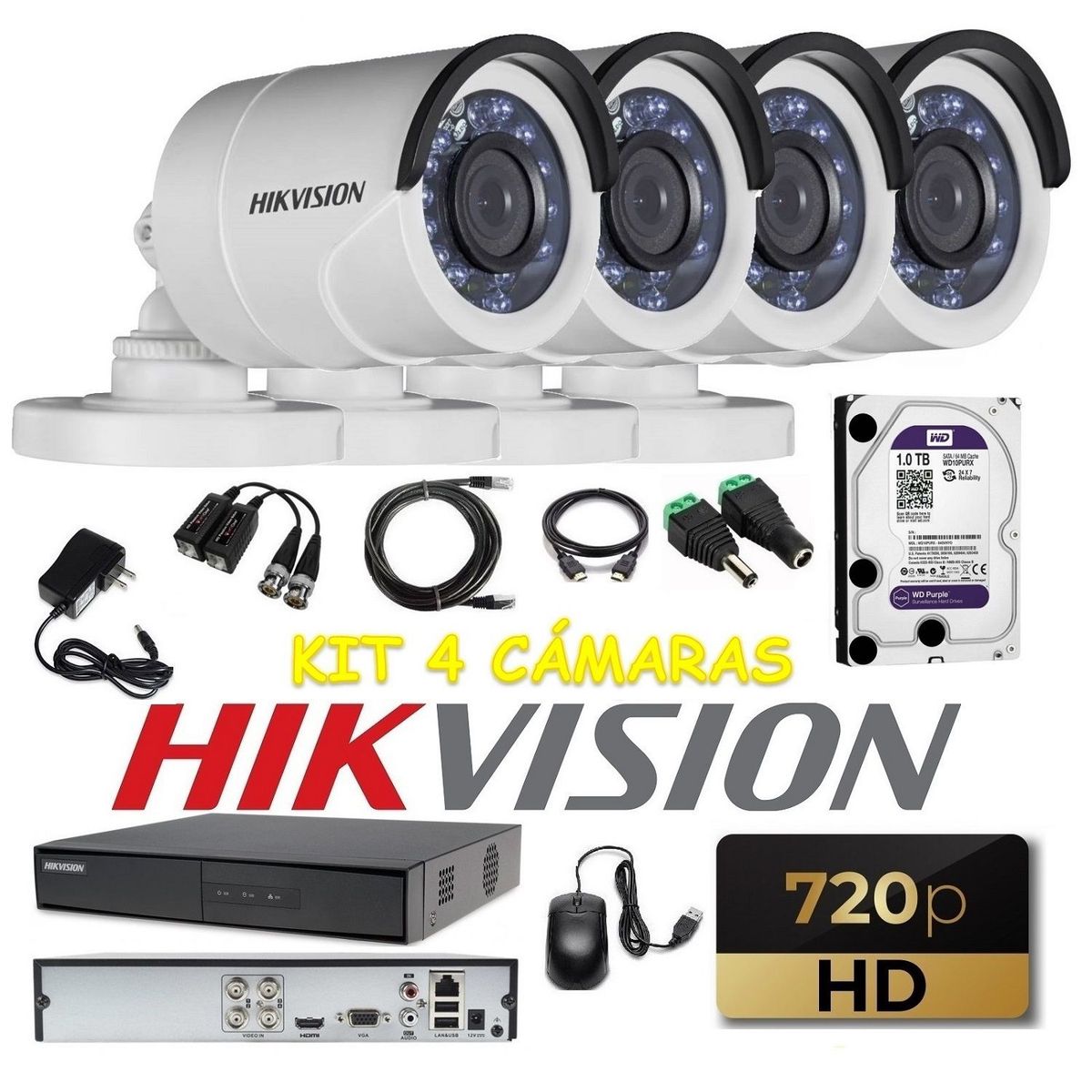 HIKVISION - kit 4 Cámaras Seguridad Tubo HD Hikvision 1TB