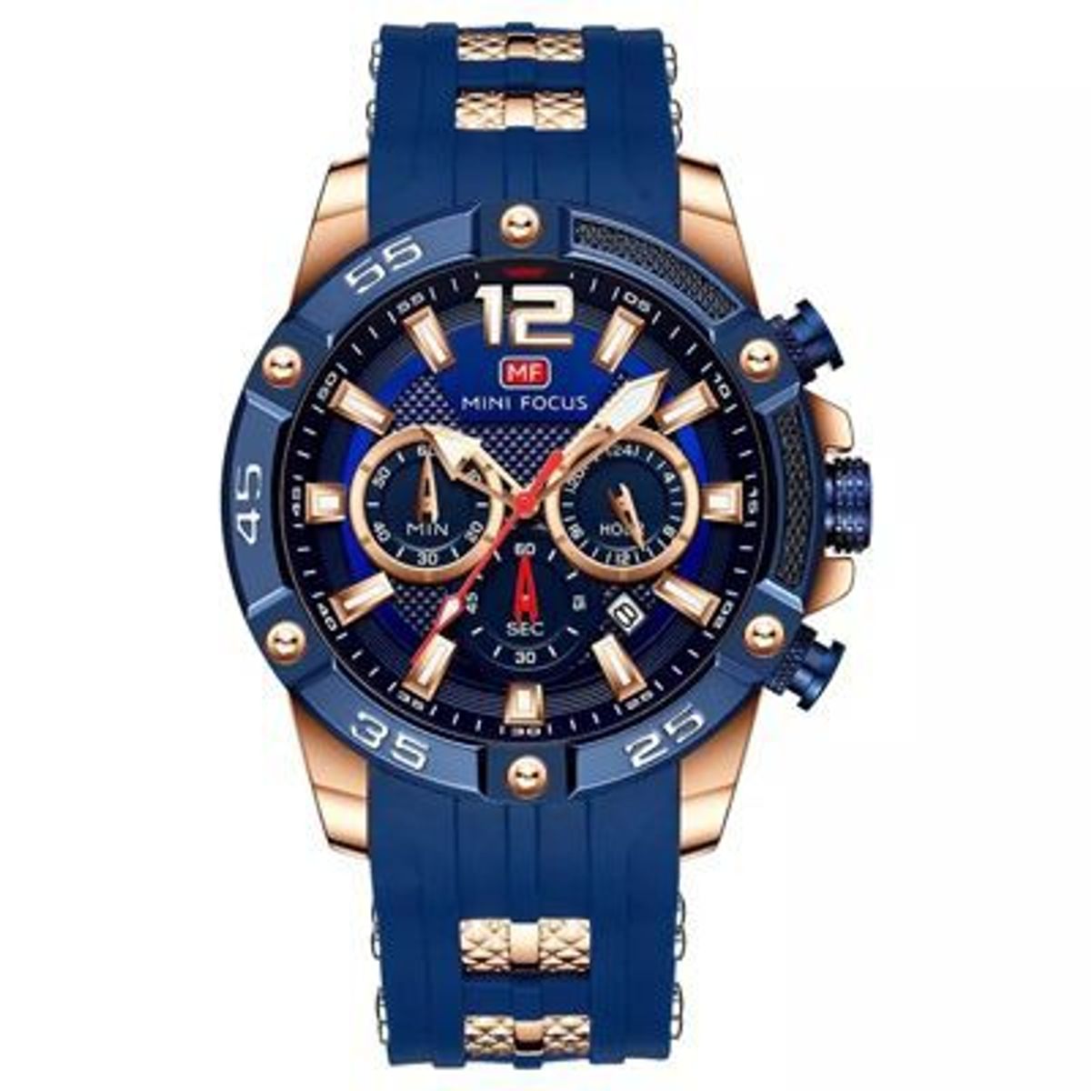 MINI FOCUS - Reloj Mini Focus Acero Oro Rosa Azul y Silicona Azul MIN-2_.