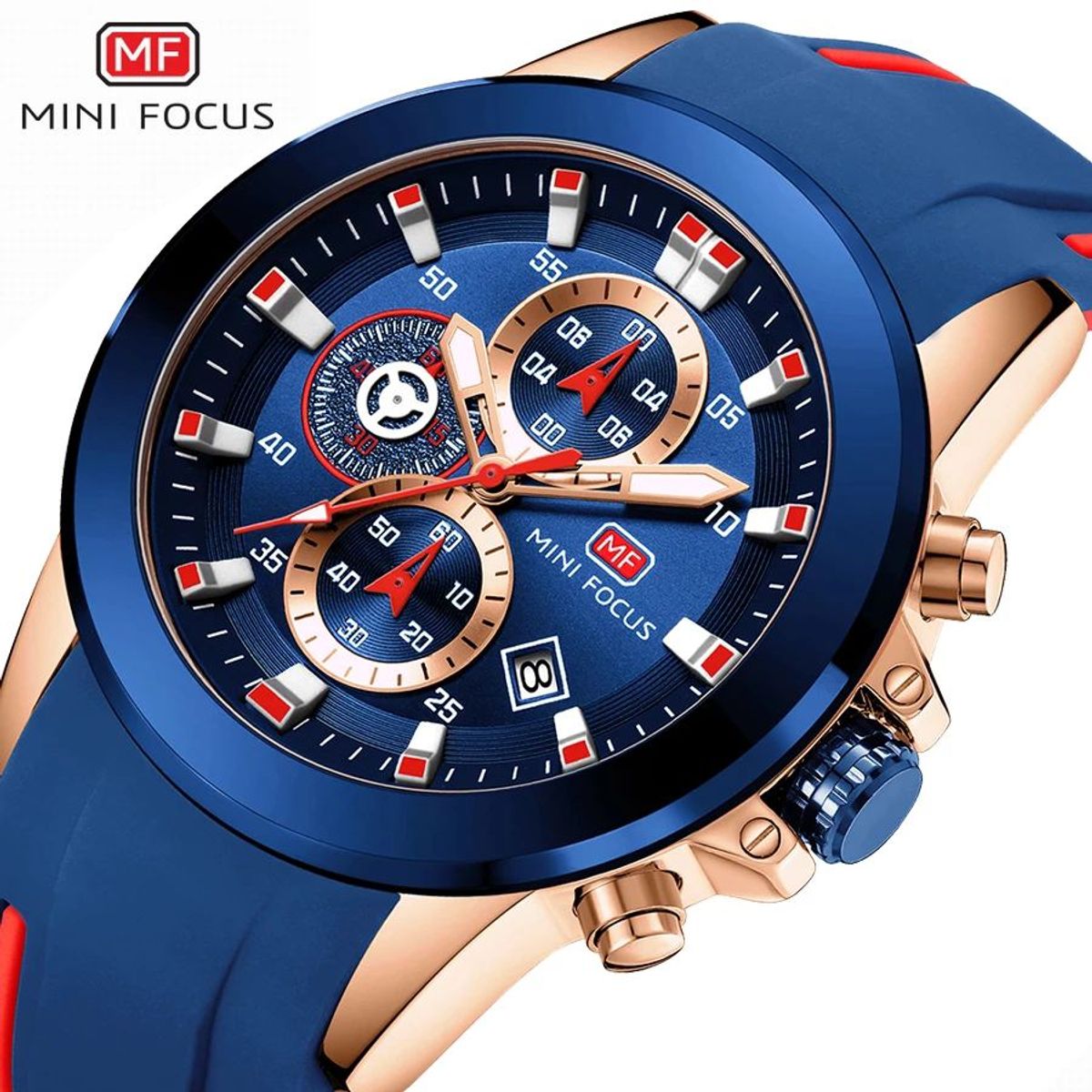 MINI FOCUS - Reloj Mini Focus Acero Oro Rosa Azul y Silicona Azul Rojo MIN-13