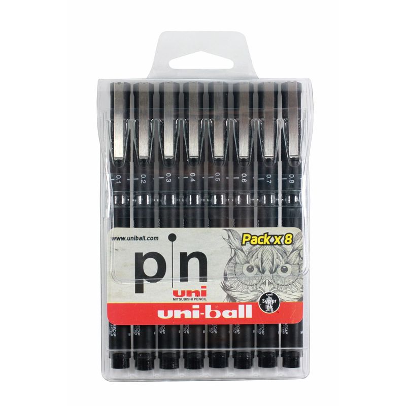UNI BALL - Uni Pin Estilógrafo Punta Fina Pack x 8 - Negro
