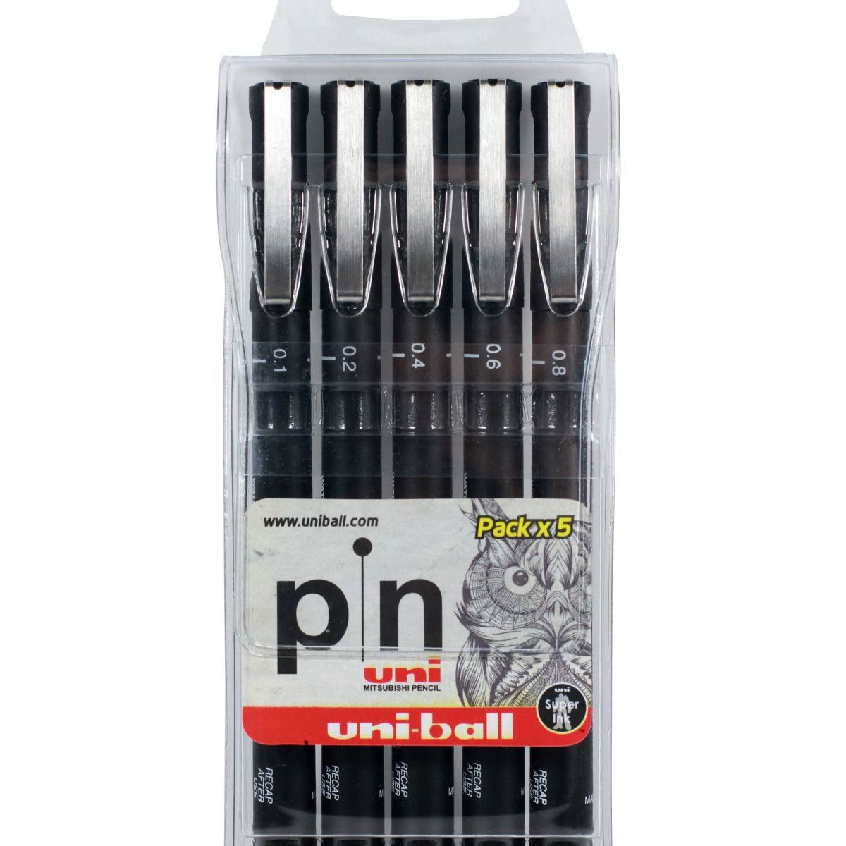 UNI BALL - Uni Pin Estilógrafo Punta Fina Pack x 5 - Negro