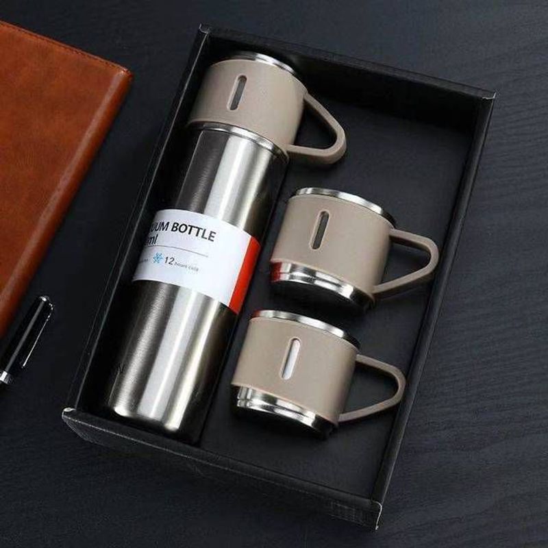 GENERICO - Termo de Acero Inoxidable con tazas PLOMO CON MARRON