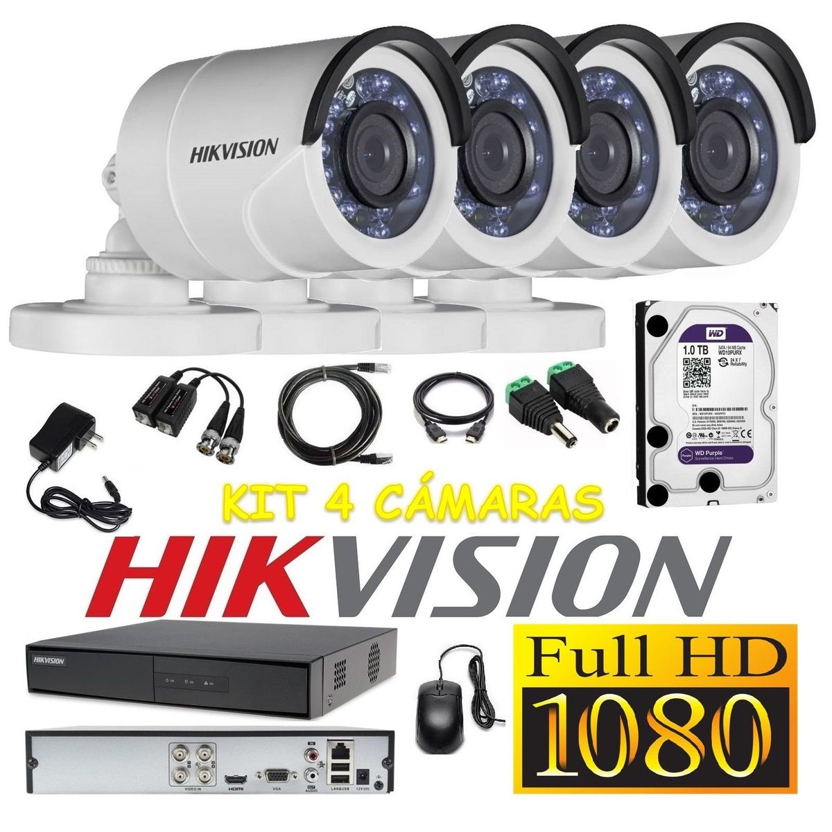 HIKVISION - kit 4 Cámaras Seguridad Tubo FULLHD Hikvision 1TB
