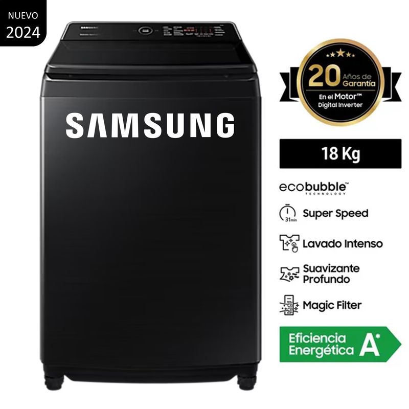 SAMSUNG - Lavadora SAMSUNG 18 KG WA18CG6745BVPE Carga Superior - Negro