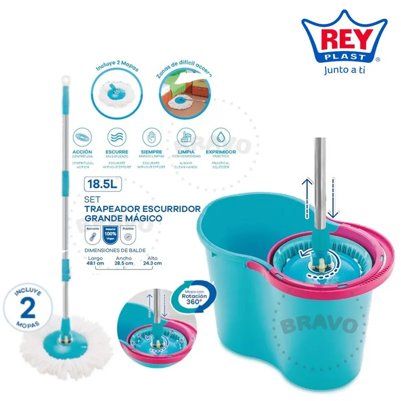 REYPLAST - Trapeador Escurridor Magico Inteligente Reyplast Gigante Elegante + 2 Mopas
