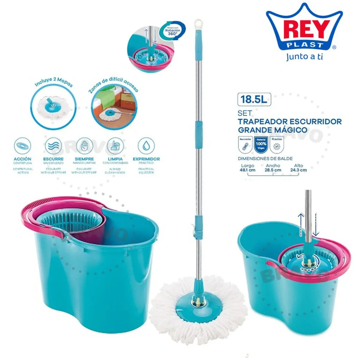 REYPLAST - Trapeador Escurridor Magico Inteligente Reyplast Gigante Elegante + 2 Mopas