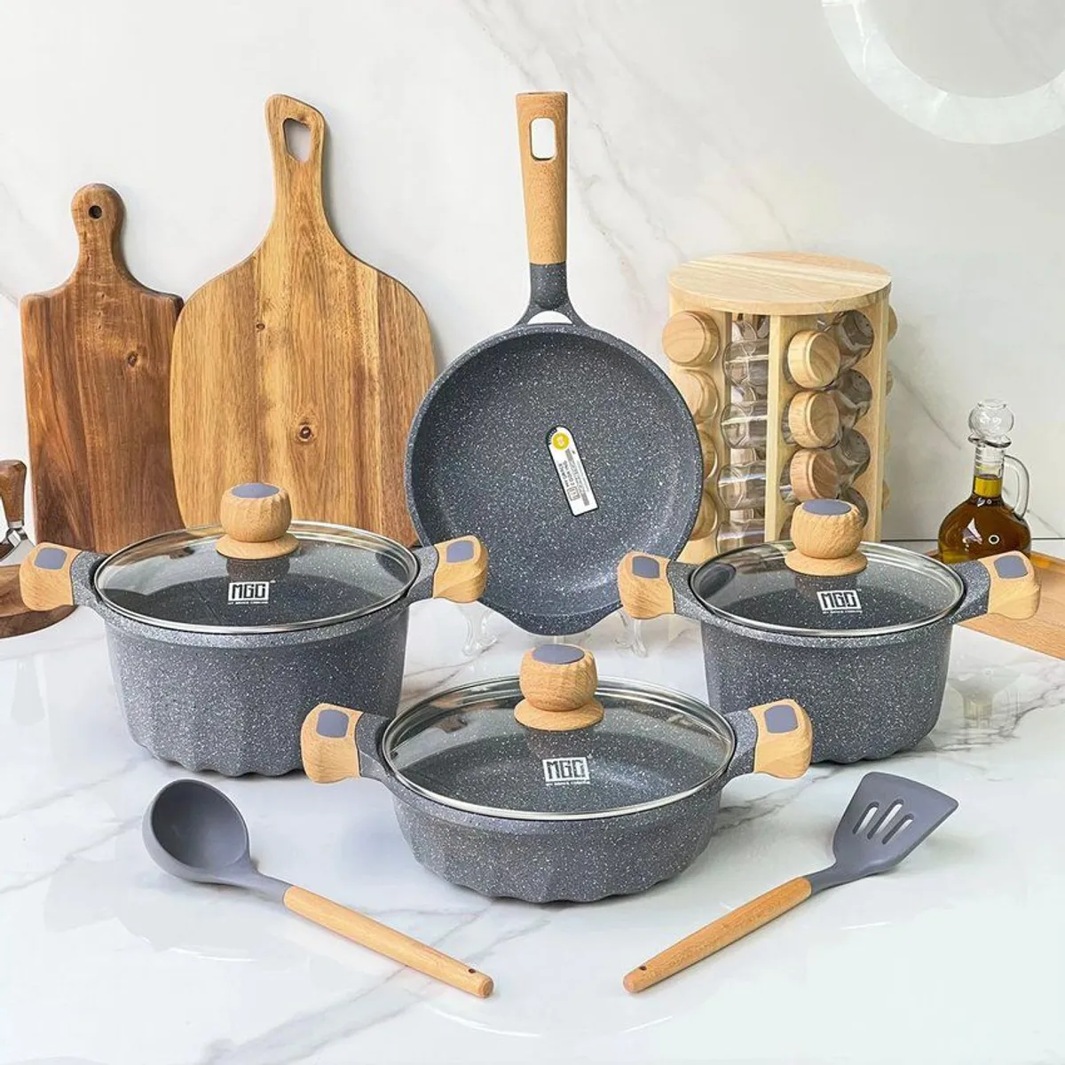 GENERICO - Juego De ollas Roca Volcanica  9 Piezas Gris Mgc