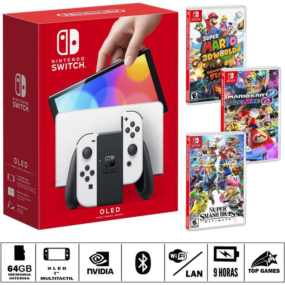 NINTENDO - Consola nintendo switch oled blanca + smash b + m kart + m 3d world
