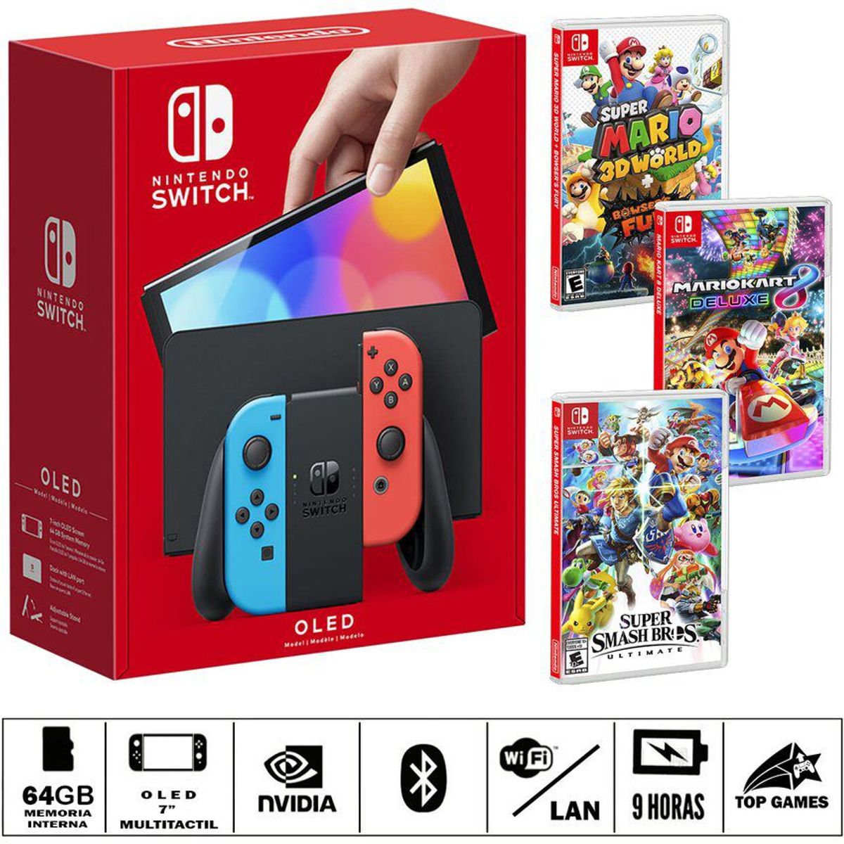 NINTENDO - Consola nintendo switch oled neon + smash bros + m. kart + m. 3d world