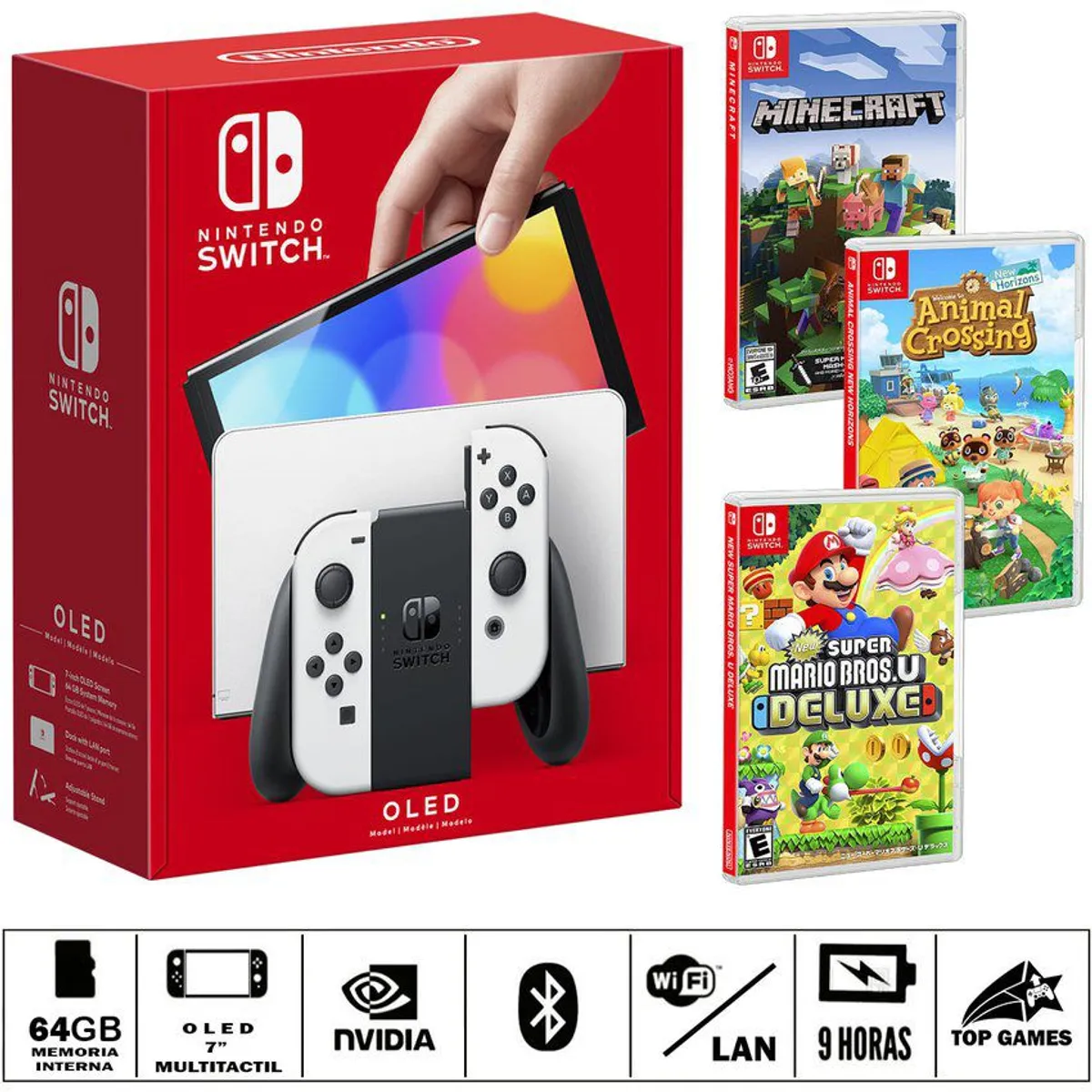 NINTENDO - Consola nintendo switch oled blanco + new m + animal c + minecraft