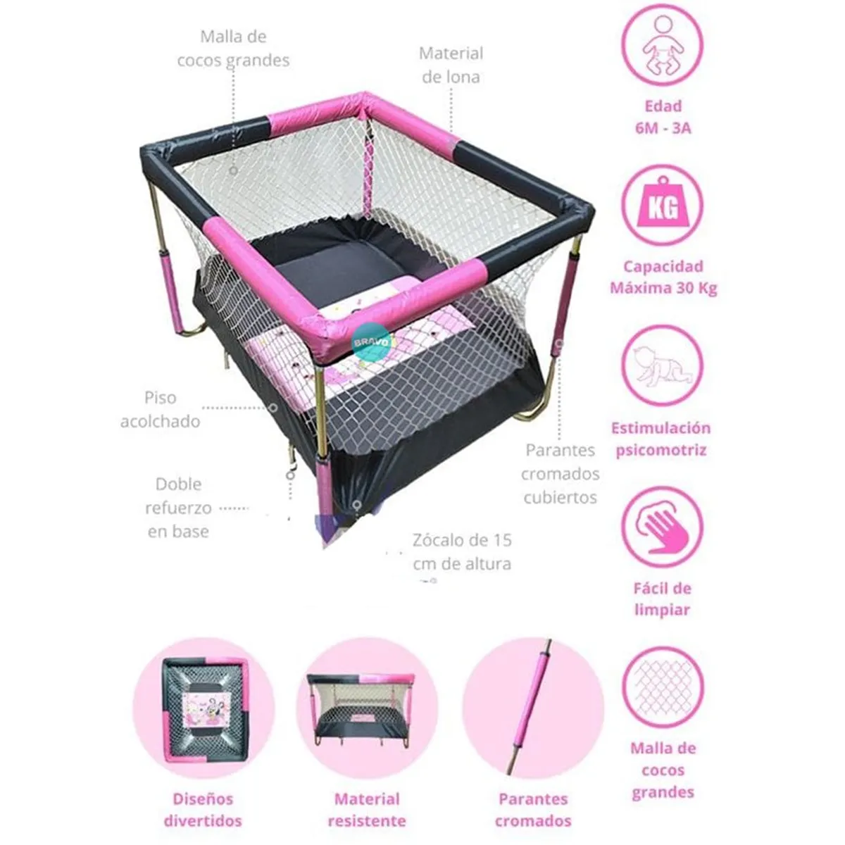 GENERICO - Corral para Bebes de Lona Acolchado Reforzado Orihuela Rosa