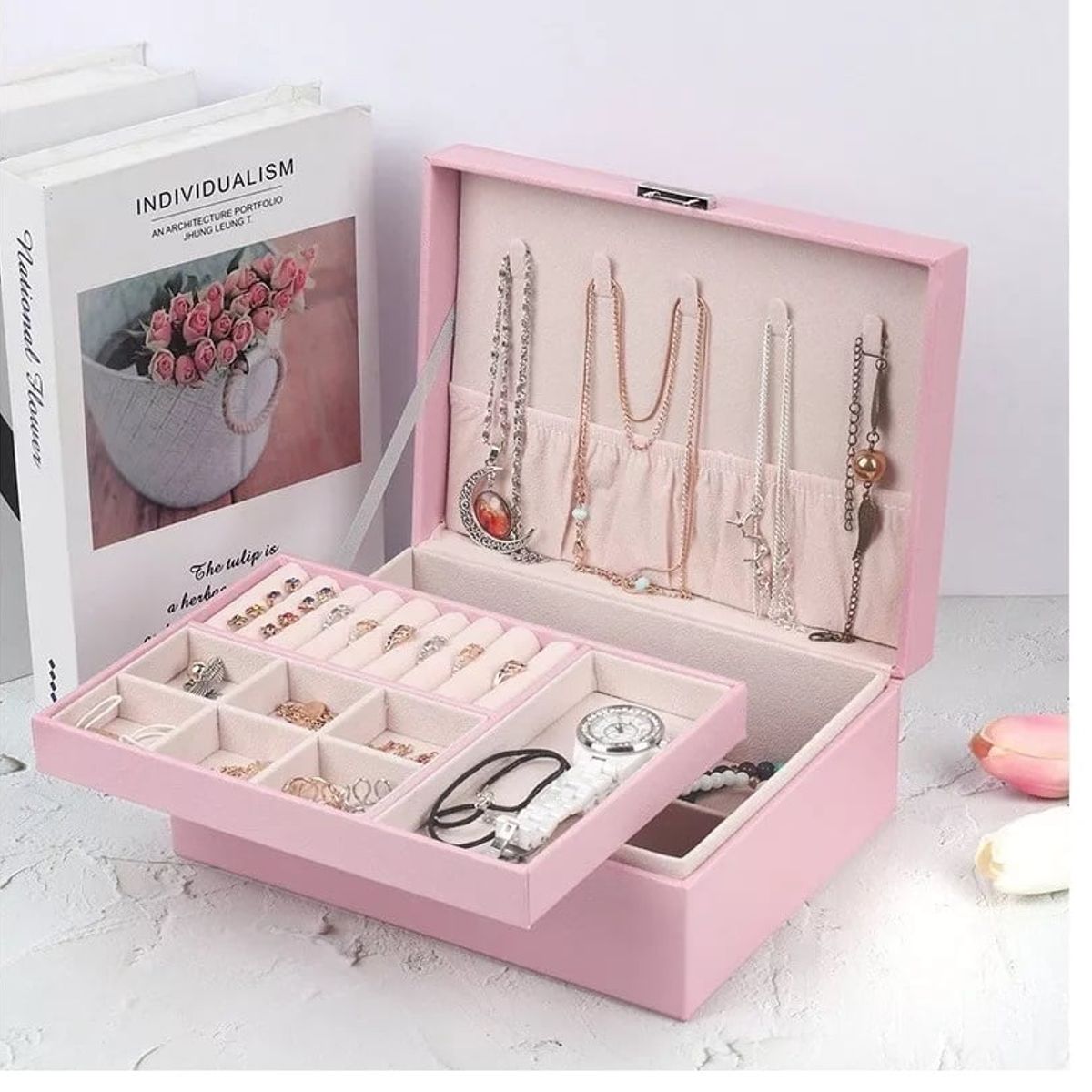 OEM - Organizador de joyas para mujeres y niñas, 2 capas de piel