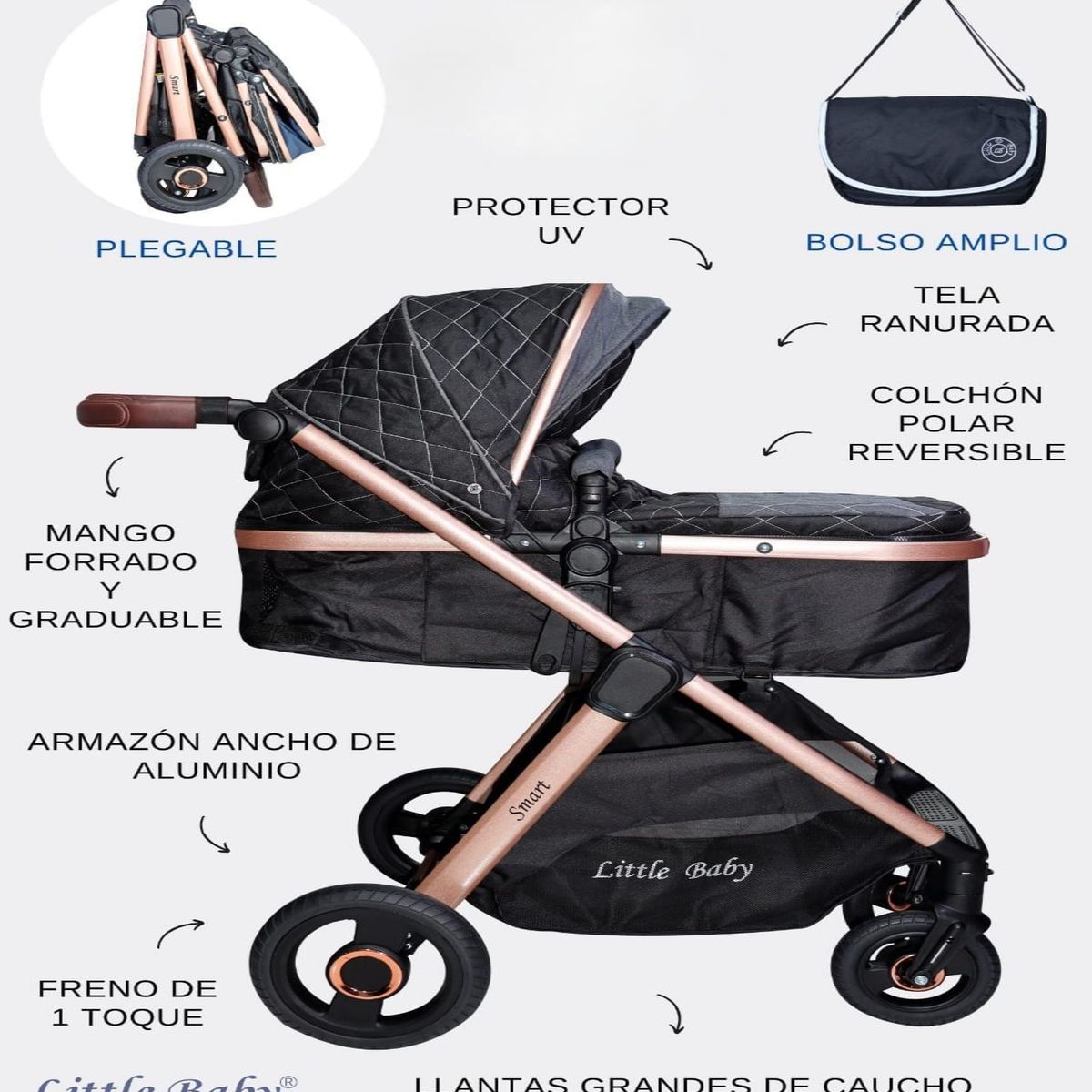 BABY - Coche para Bebe Moises con Tela Ranurada Gray Black