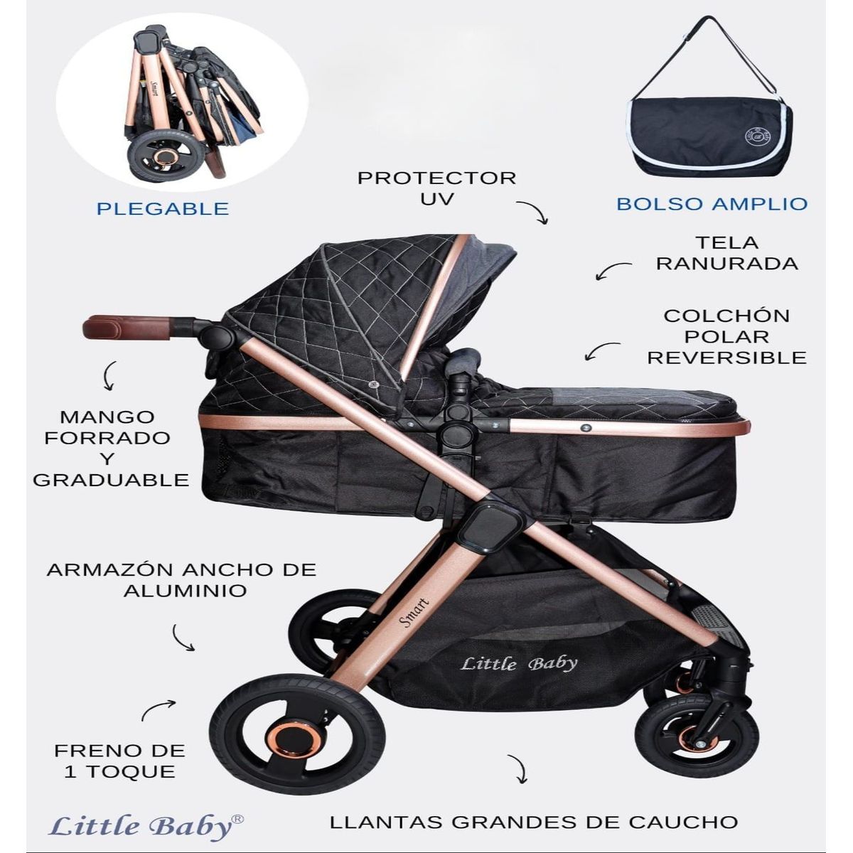 BABY - Coche para Bebe Moises con Tela Ranurada Gray Black